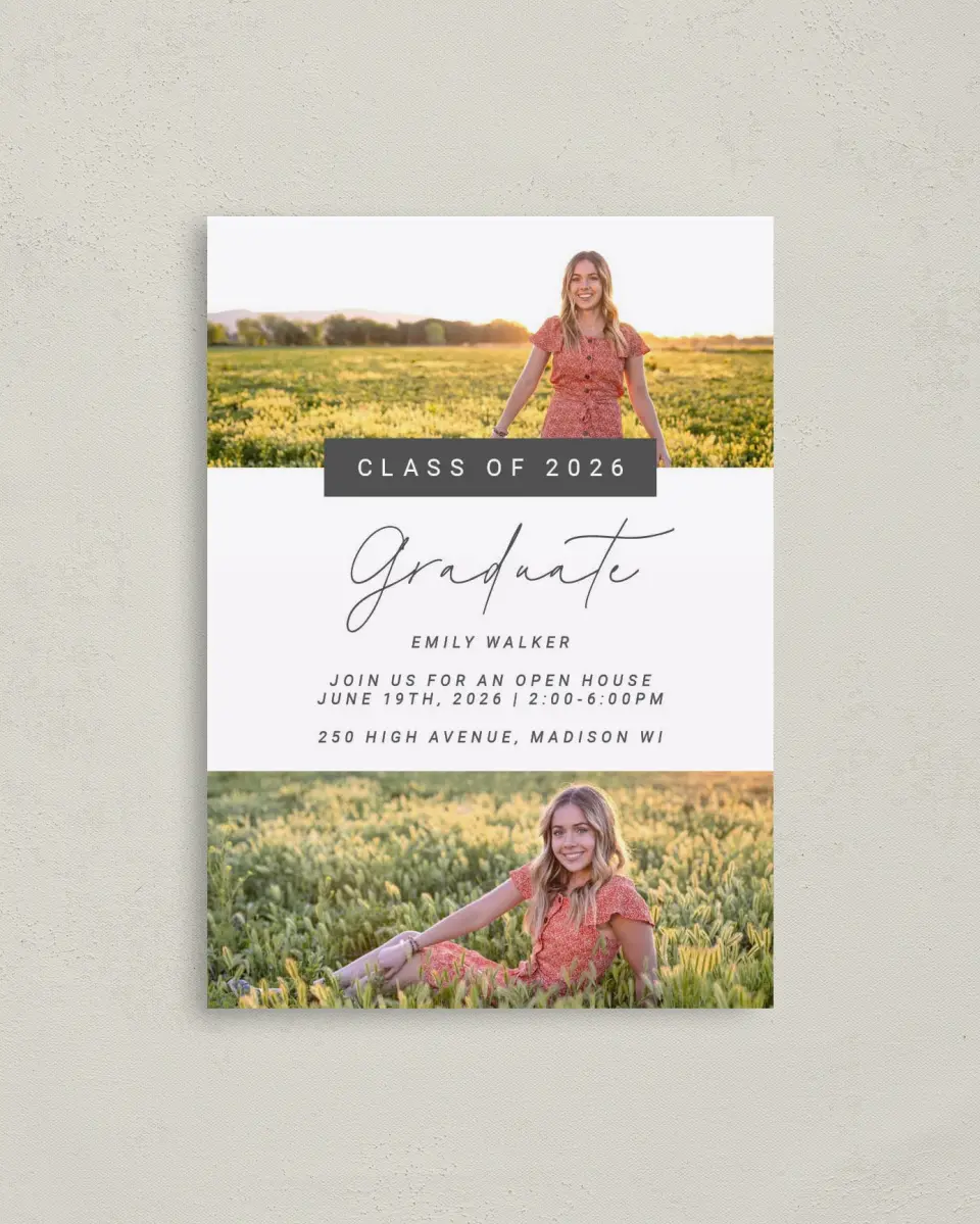 This is a 4" x 5.6" Graduation Announcement Postcard called Delightful Photos printed in full color on Soft Touch Finish paper