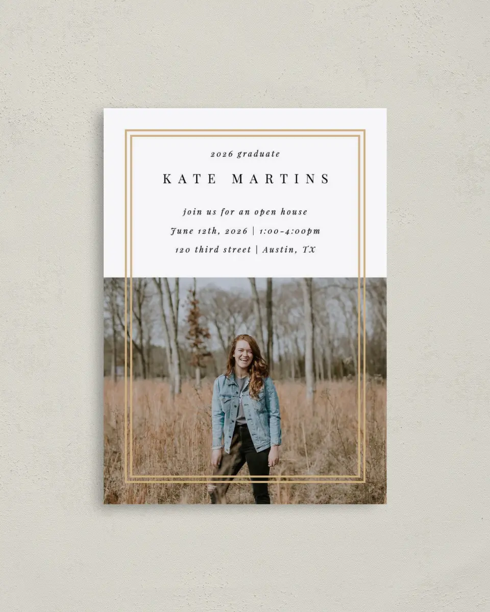 This is a 4" x 5.6" Graduation Announcement Postcard called Fine Frame printed in full color on Soft Touch Finish paper