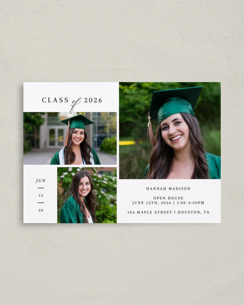 This is a 4" x 5.6" Graduation Announcement Postcard called Crisp Celebration printed in full color on Soft Touch Finish paper