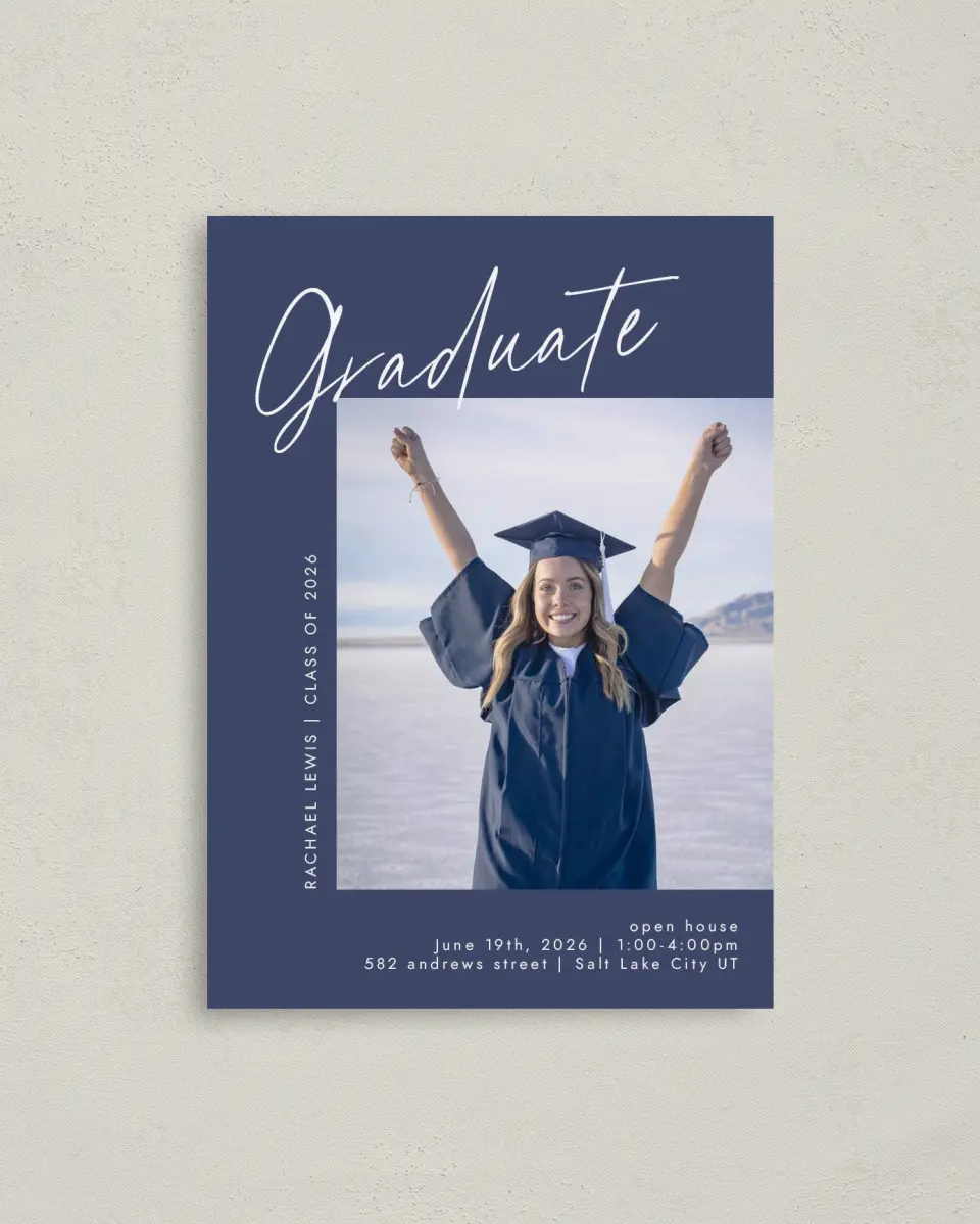 This is a 4" x 5.6" Graduation Announcement Postcard called Smart Script printed in full color on Soft Touch Finish paper