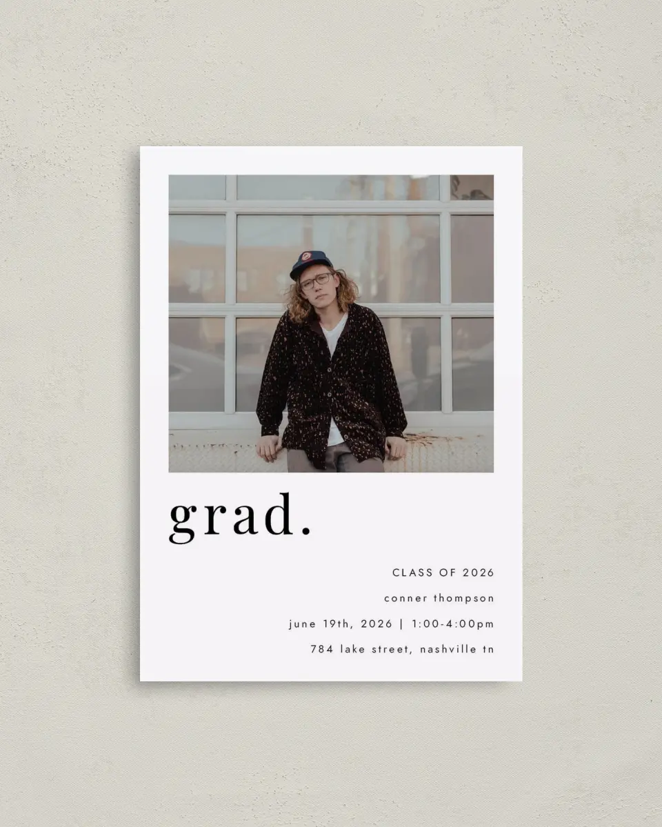 This is a 4" x 5.6" Graduation Announcement Postcard called Grad, Period printed in full color on Soft Touch Finish paper
