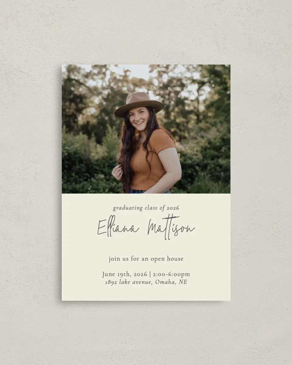 This is a 4" x 5.6" Graduation Announcement Postcard called Evenly Balanced printed in full color on Soft Touch Finish paper