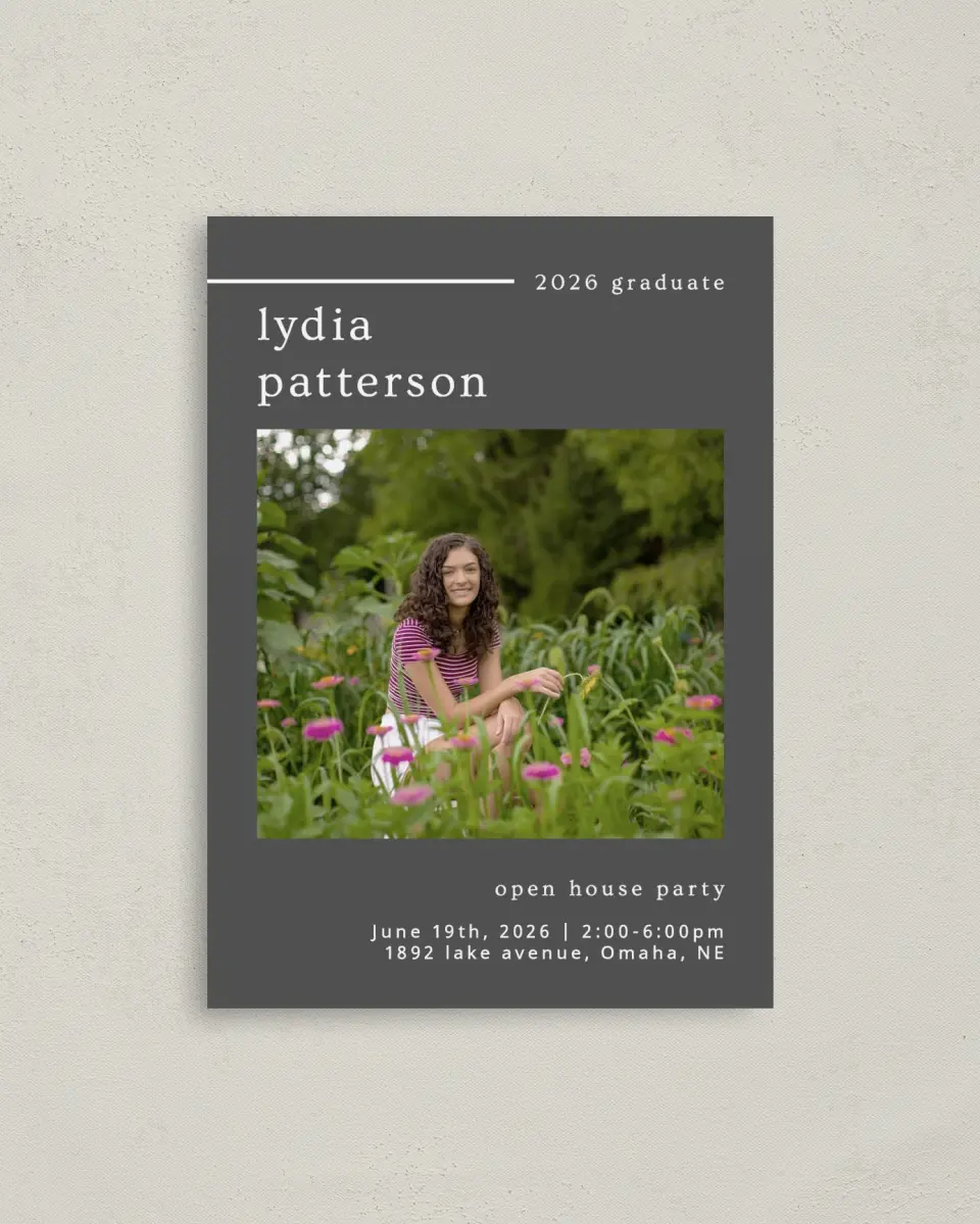 This is a 4" x 5.6" Graduation Announcement Postcard called Mild Mannered printed in full color on Soft Touch Finish paper