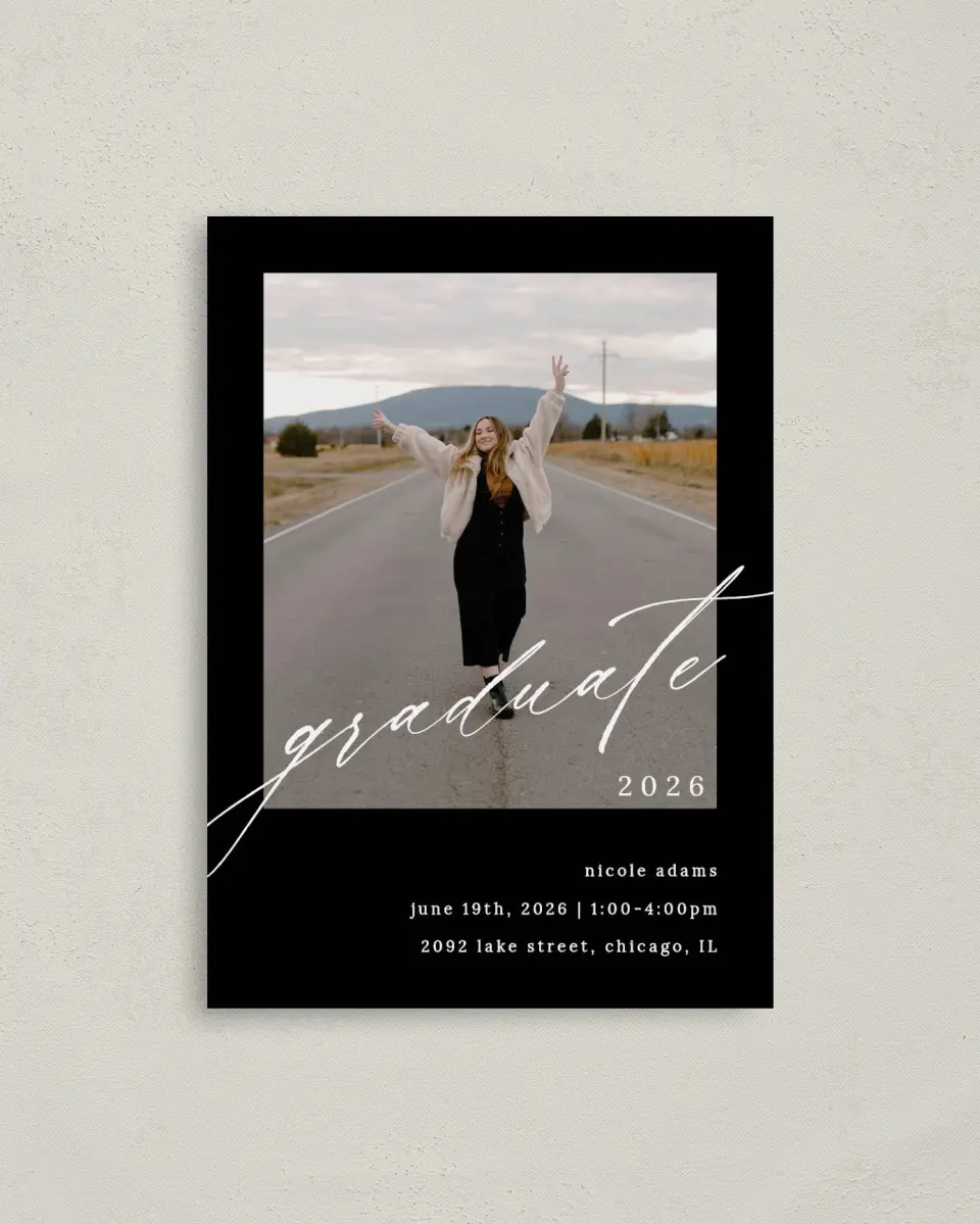 This is a 4" x 5.6" Graduation Announcement Postcard called Fearless Graduate printed in full color on Soft Touch Finish paper