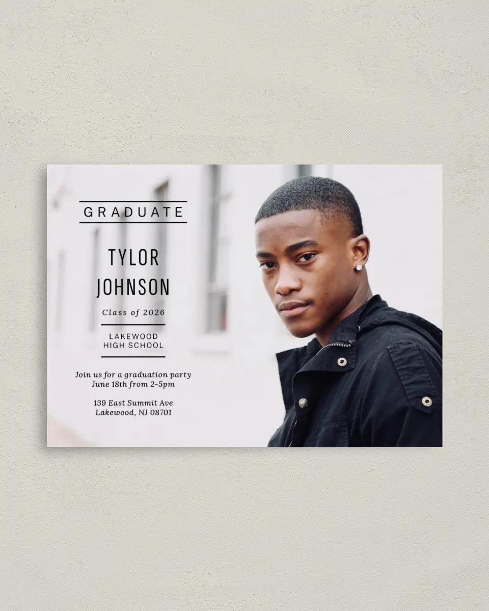 This is a 4" x 5.6" Graduation Announcement Postcard called Meet the Grad printed in full color on Soft Touch Finish paper