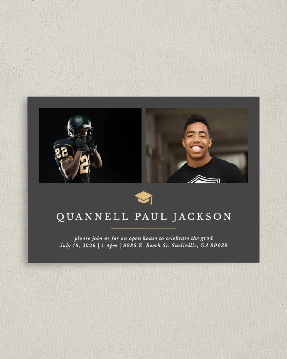 This is a 4" x 5.6" Graduation Announcement Postcard called Humble Cap printed in full color on Soft Touch Finish paper