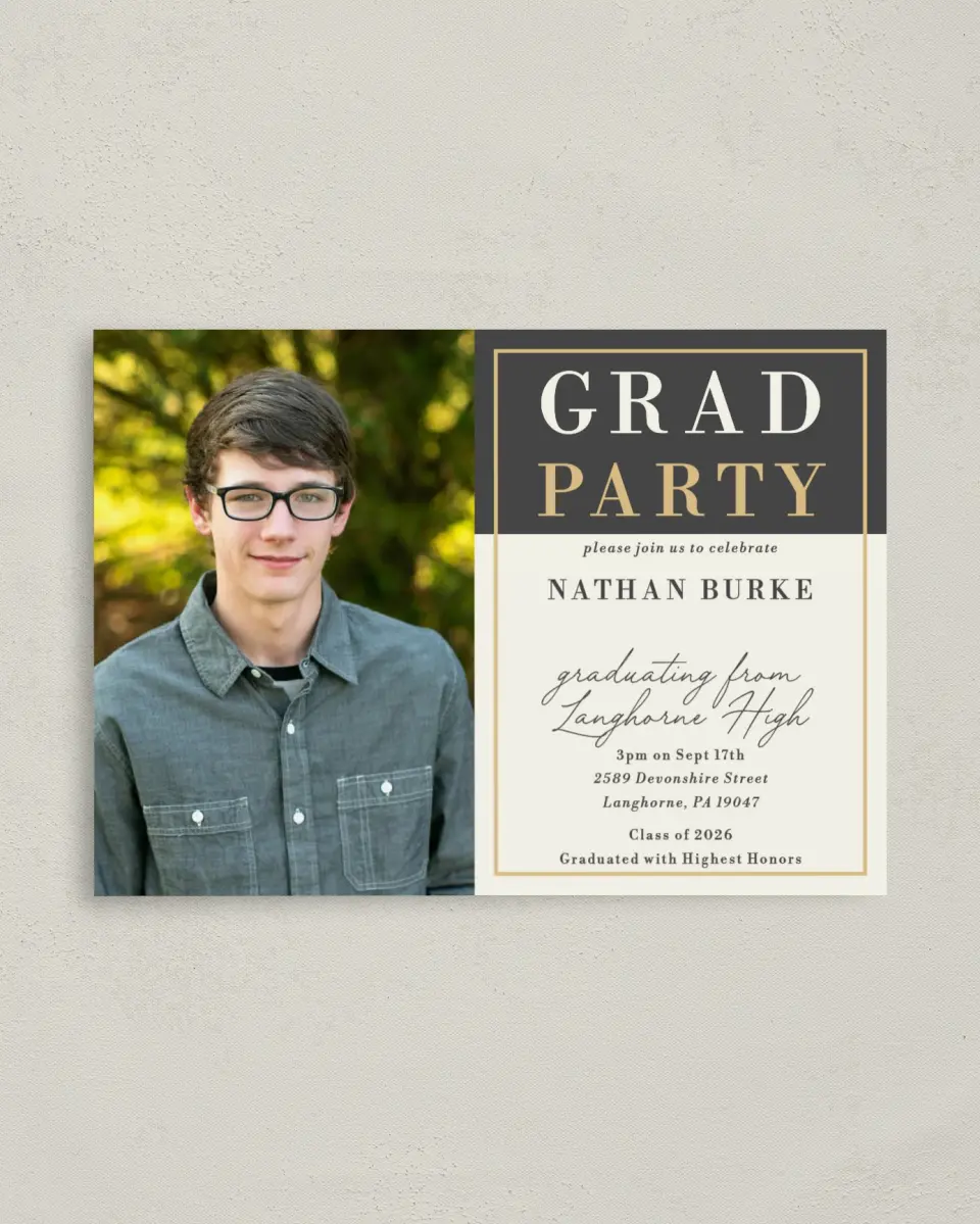 This is a 4" x 5.6" Graduation Announcement Postcard called Grad Party printed in full color on Soft Touch Finish paper