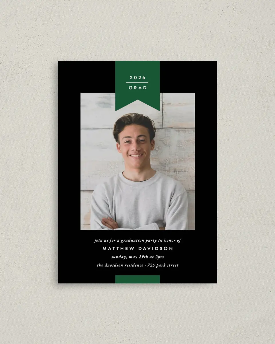 This is a 4" x 5.6" Graduation Announcement Postcard called Grad Banner printed in full color on Soft Touch Finish paper