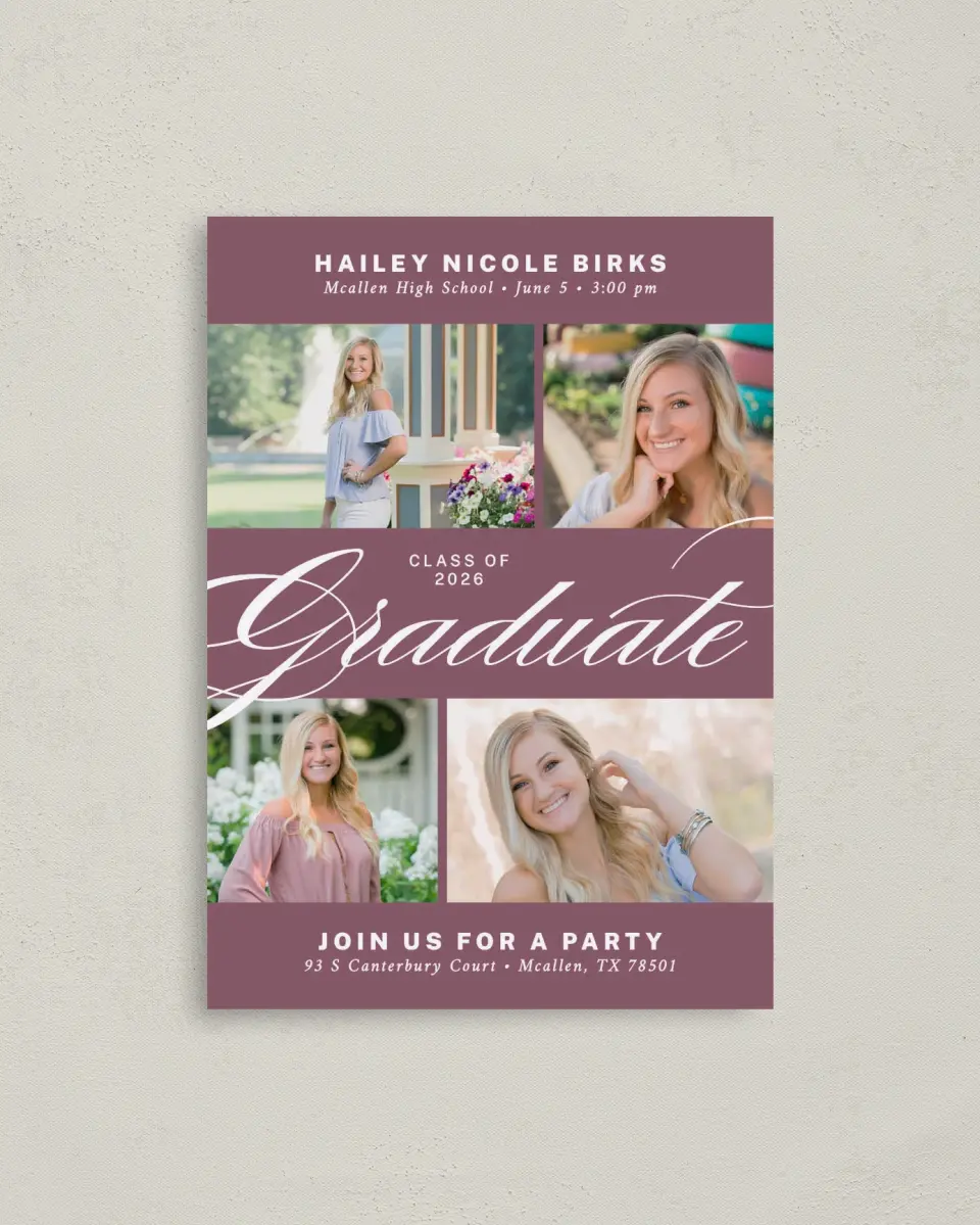 This is a 4" x 5.6" Graduation Announcement Postcard called Classic Graduate printed in full color on Soft Touch Finish paper