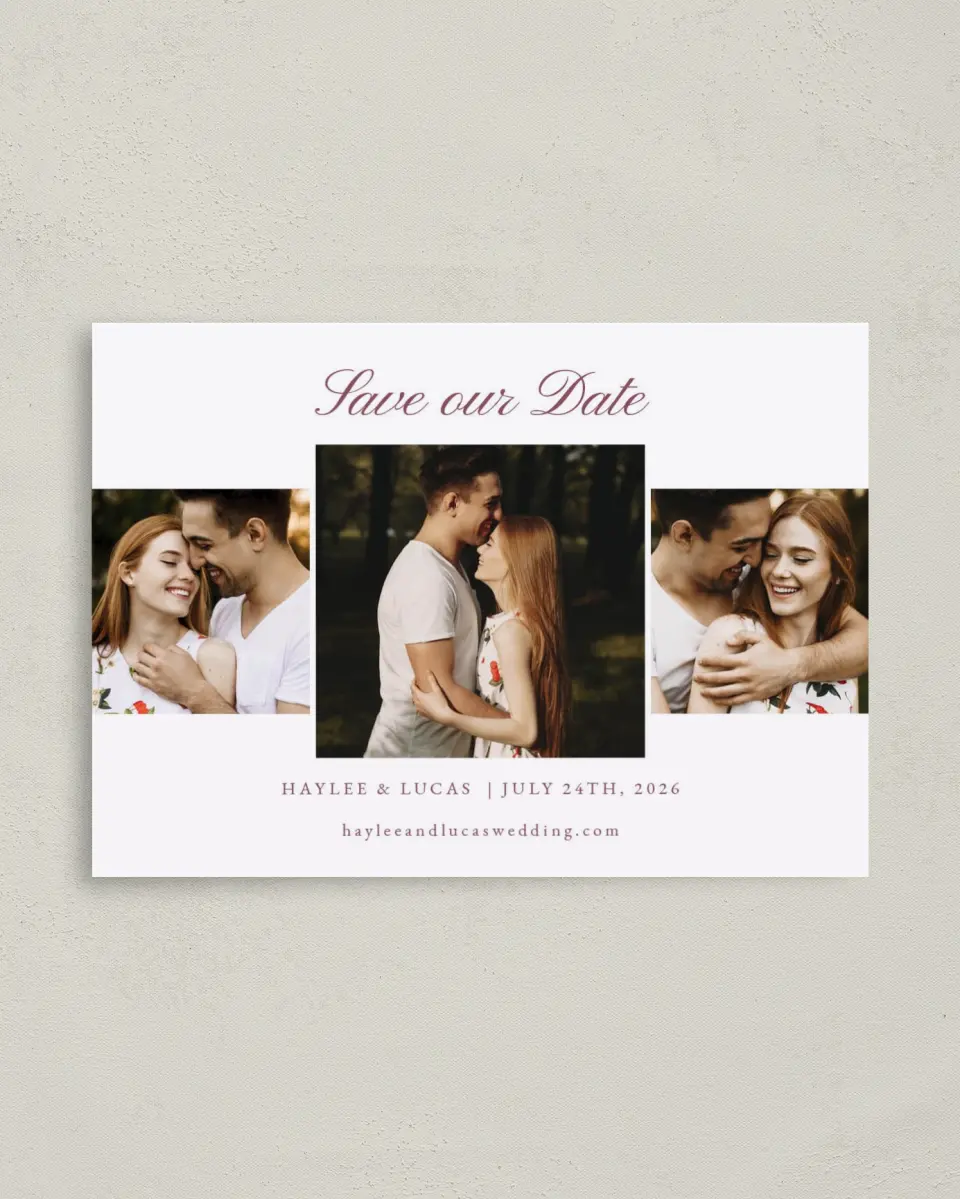 This is a 4" x 5.6" Save the Date Postcard called Quietly Quaint printed in full color on Soft Touch Finish paper