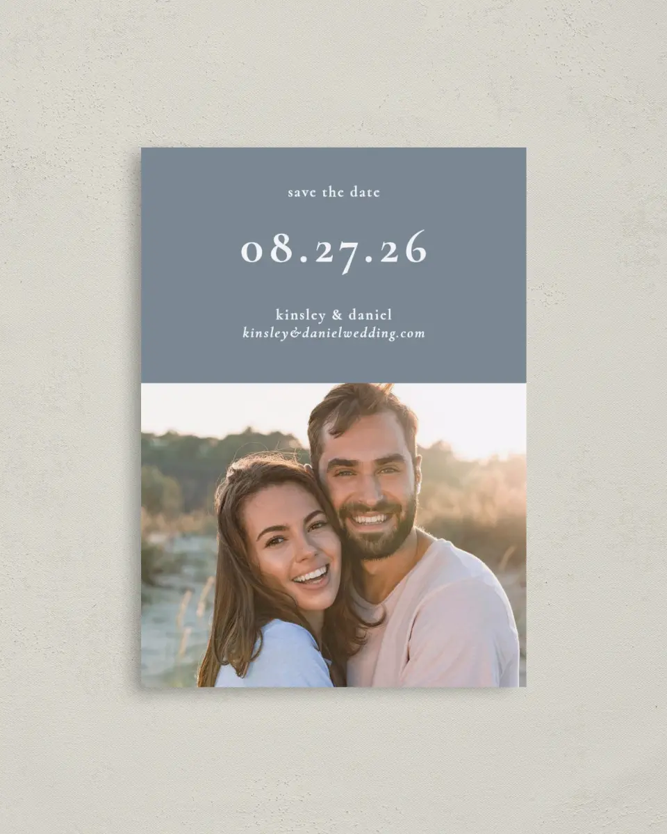 This is a 4" x 5.6" Save the Date Postcard called Fine Floret printed in full color on Soft Touch Finish paper
