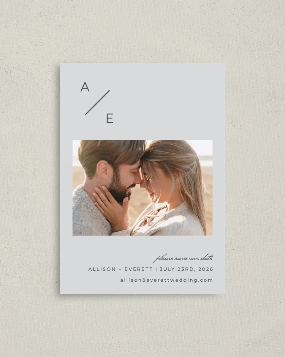 This is a 4" x 5.6" Save the Date Postcard called Initial Hush printed in full color on Soft Touch Finish paper