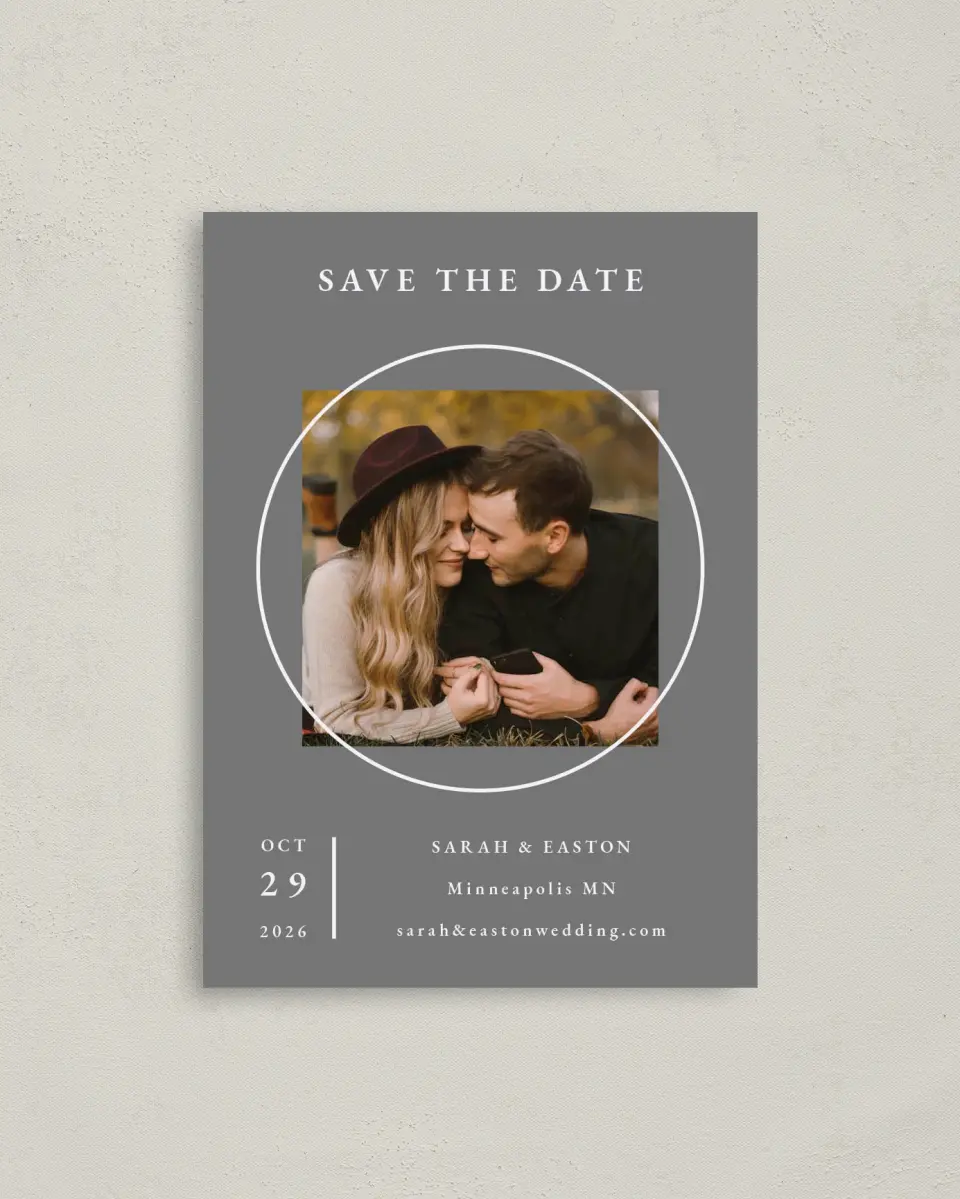 This is a 4" x 5.6" Save the Date Postcard called Heavenly Harmony printed in full color on Soft Touch Finish paper