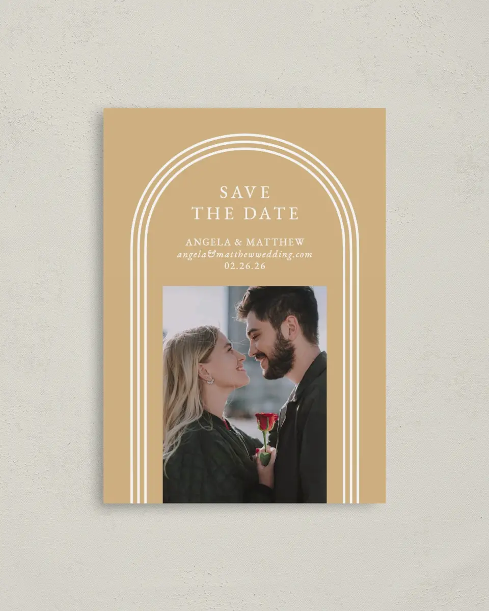 This is a 4" x 5.6" Save the Date Postcard called Charming Arch printed in full color on Soft Touch Finish paper