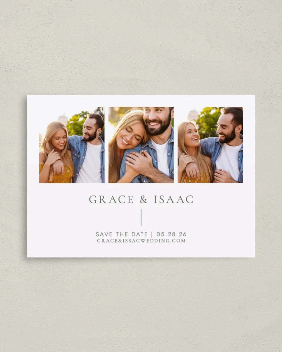 This is a 4" x 5.6" Save the Date Postcard called Sweet & Neat printed in full color on Soft Touch Finish paper
