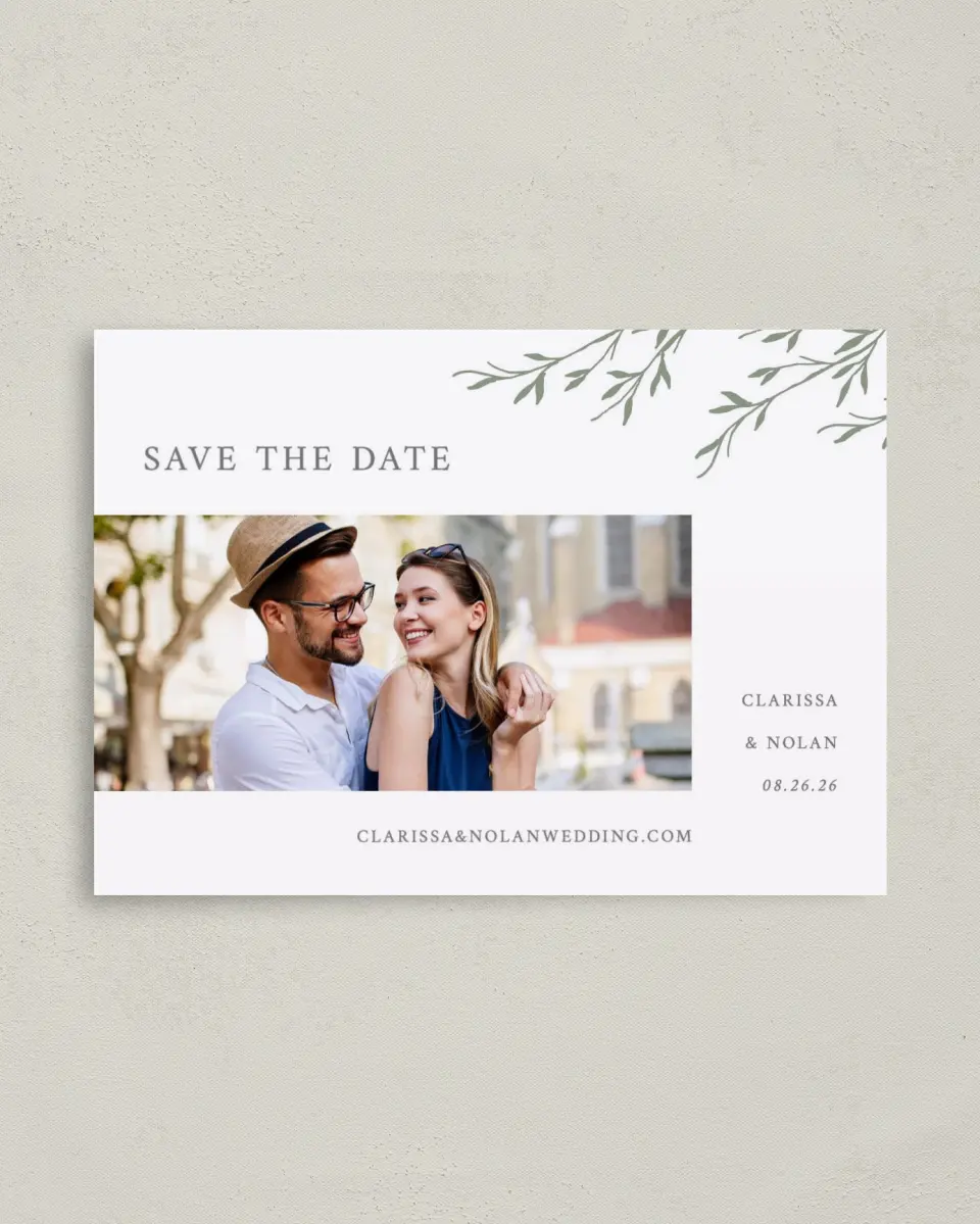 This is a 4" x 5.6" Save the Date Postcard called Bright Greens printed in full color on Soft Touch Finish paper