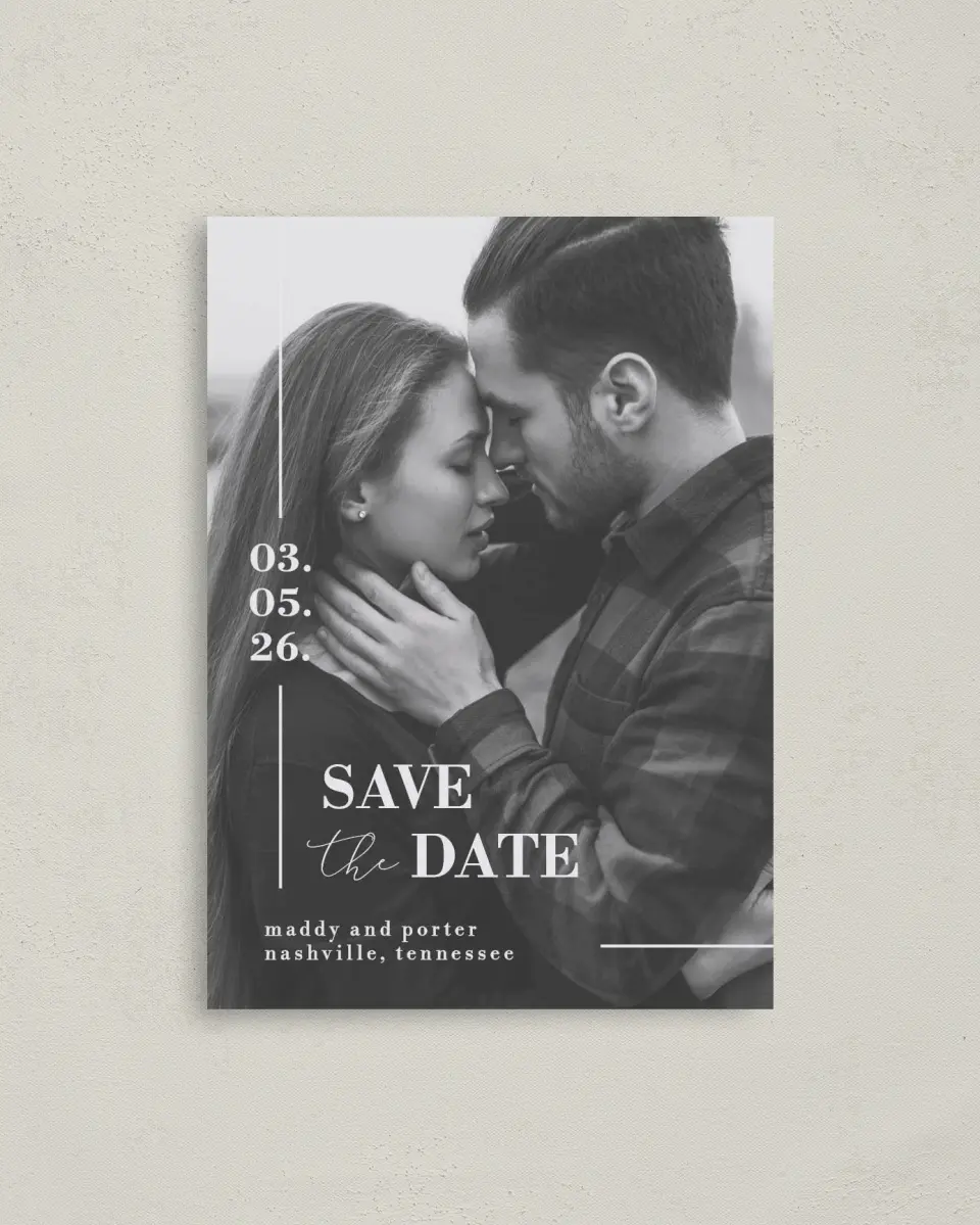 This is a 4" x 5.6" Save the Date Postcard called For Eternity printed in full color on Soft Touch Finish paper