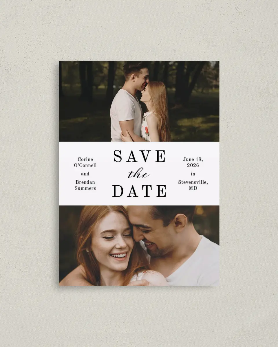 This is a 4" x 5.6" Save the Date Postcard called Classy Type printed in full color with Rose Gold foil on Soft Touch Finish paper