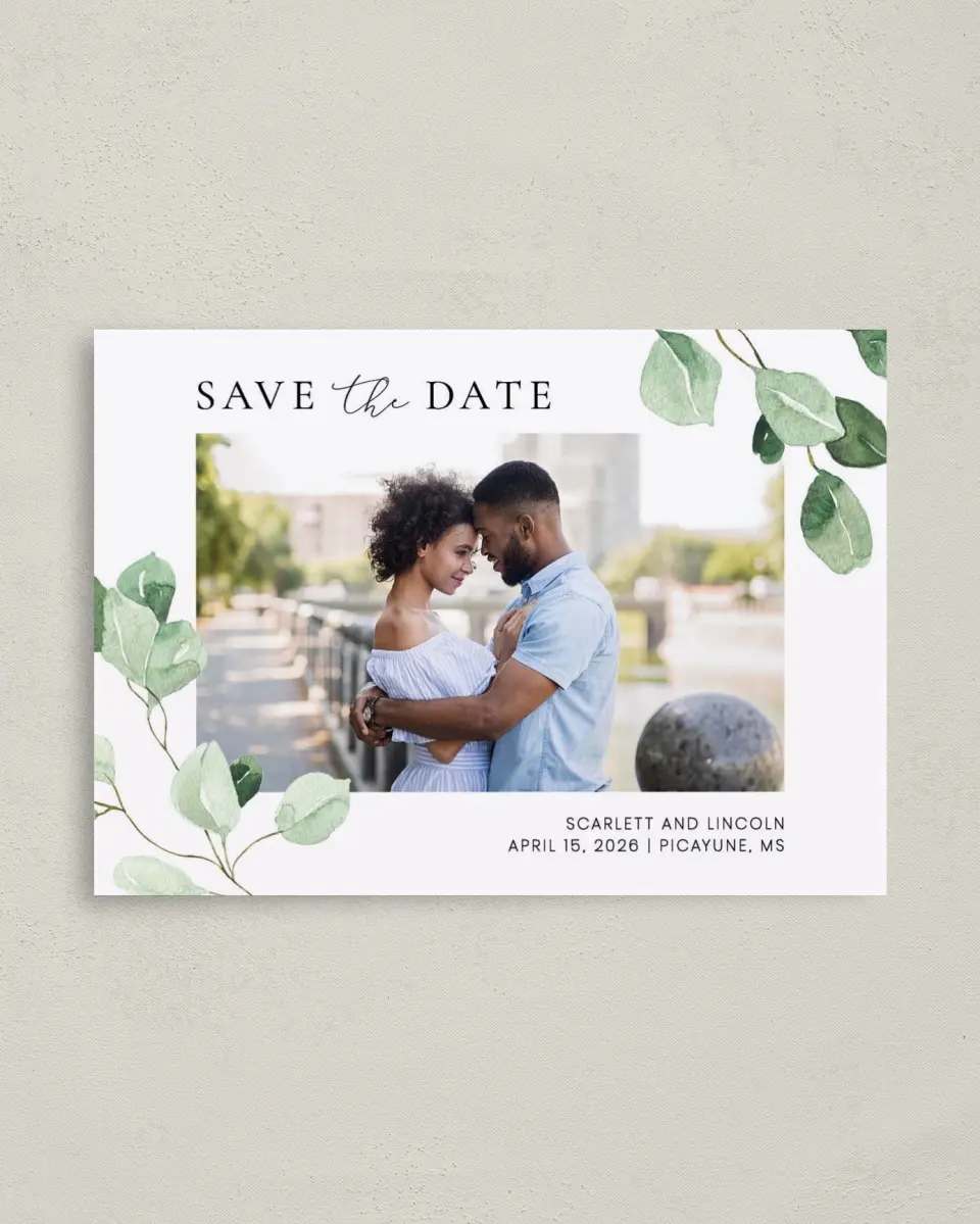 This is a 4" x 5.6" Save the Date Postcard called Sweet Greenery printed in full color on Soft Touch Finish paper