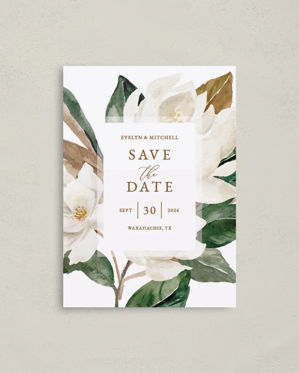 This is a 4" x 5.6" Save the Date Postcard called Soft Magnolia printed in full color on Soft Touch Finish paper
