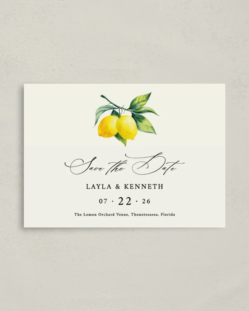 This is a 4" x 5.6" Save the Date Postcard called Antique Lemon printed in full color on Soft Touch Finish paper