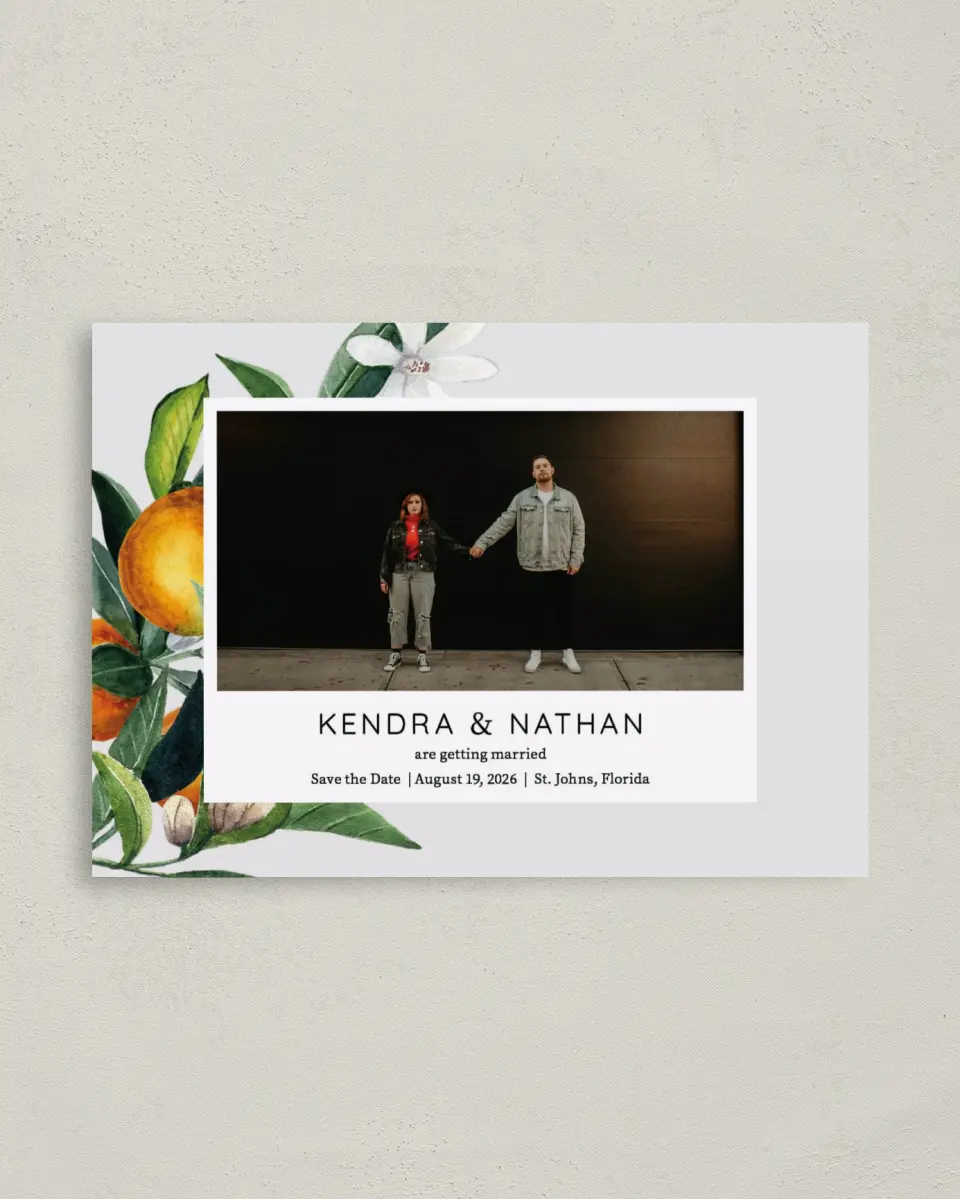 This is a 4" x 5.6" Save the Date Postcard called Mod Citrus printed in full color on Soft Touch Finish paper