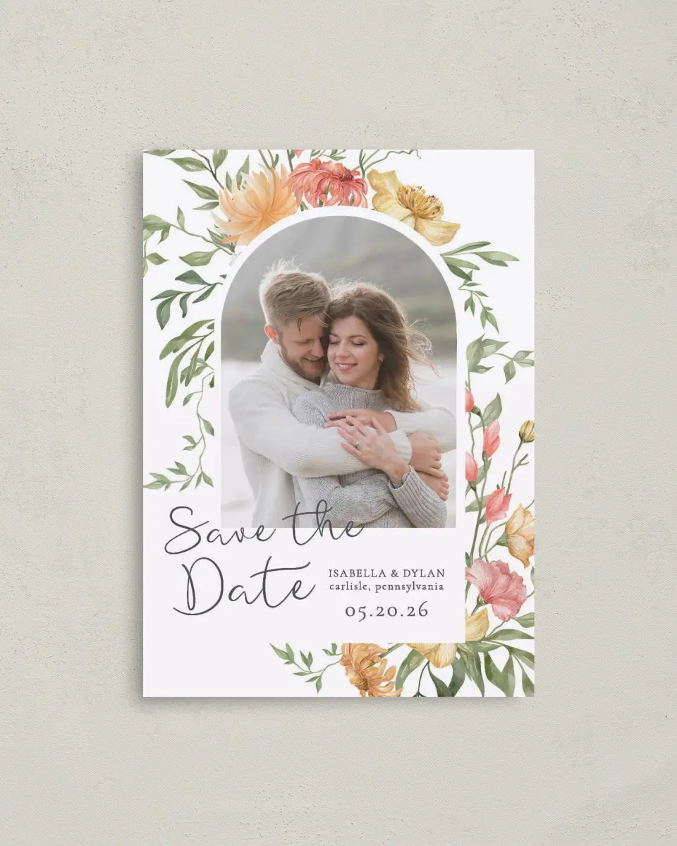 This is a 4" x 5.6" Save the Date Postcard called Secluded Blooms printed in full color on Soft Touch Finish paper