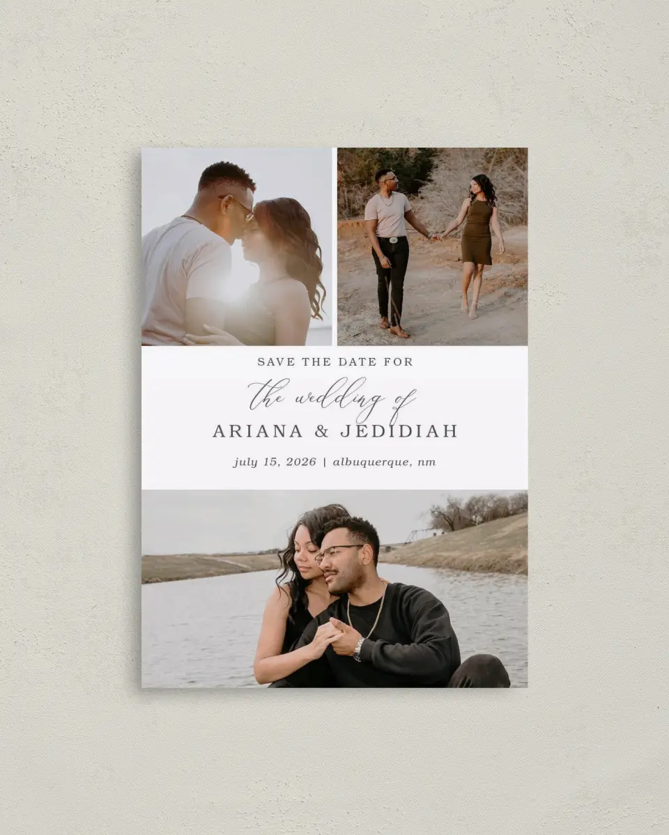 This is a 4" x 5.6" Save the Date Postcard called Flawless Photo printed in full color on Soft Touch Finish paper