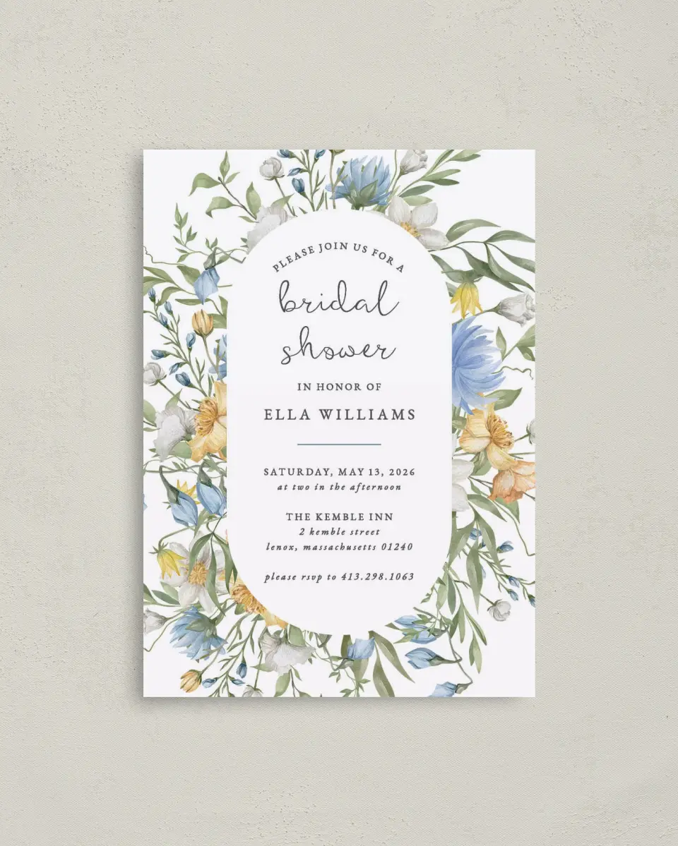 This is a 4" x 5.6" Bridal Shower Invitation Postcard called Garden Party printed in full color on Soft Touch Finish paper