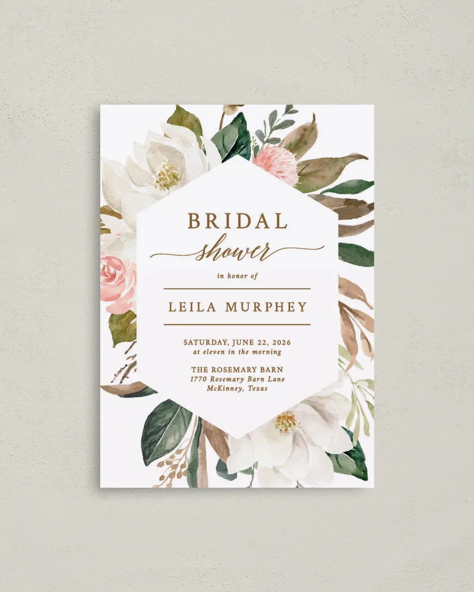 This is a 4" x 5.6" Bridal Shower Invitation Postcard called Lovely Magnolia printed in full color on Soft Touch Finish paper
