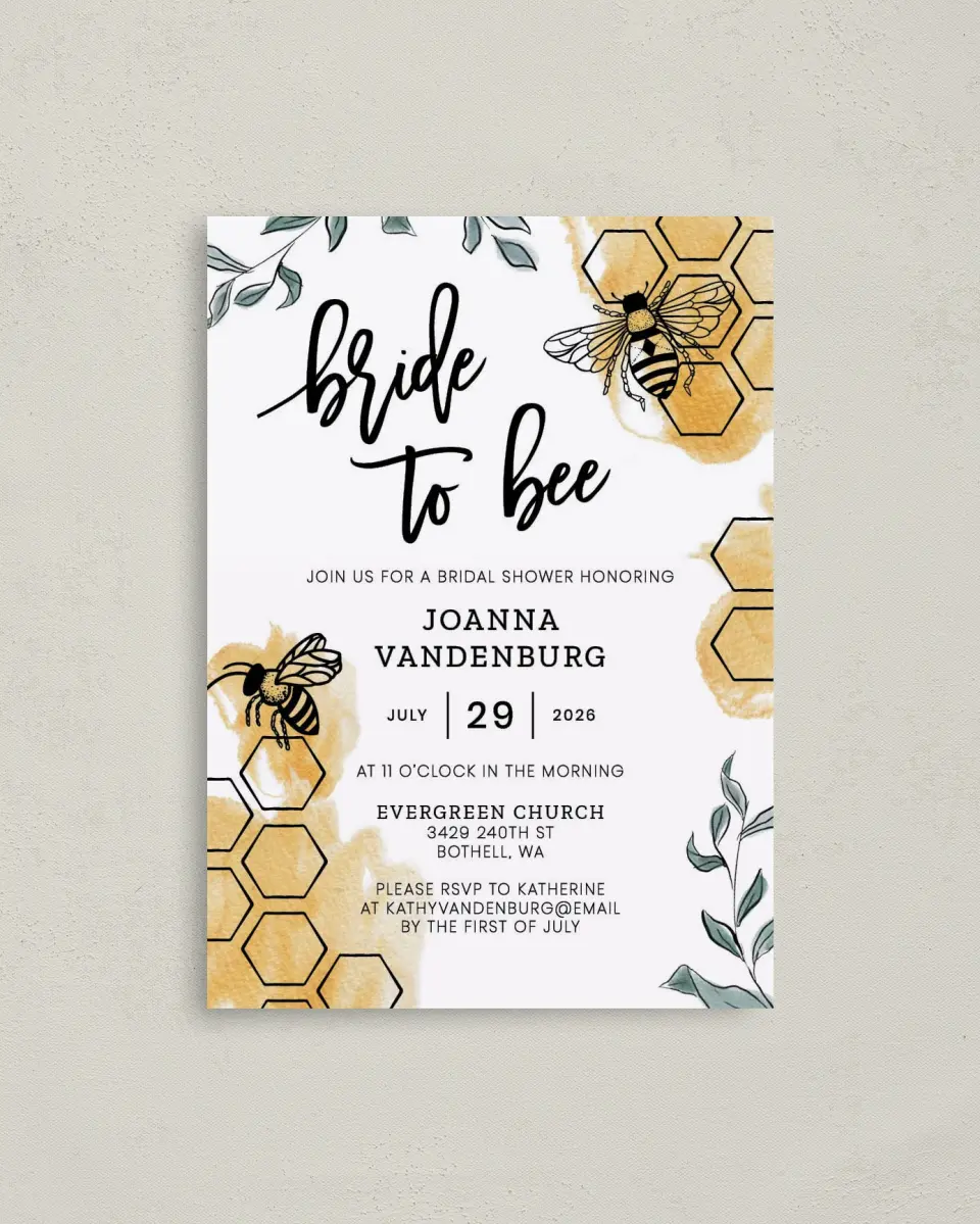 This is a 4" x 5.6" Bridal Shower Invitation Postcard called Bride to Bee printed in full color with Gold foil on Soft Touch Finish paper