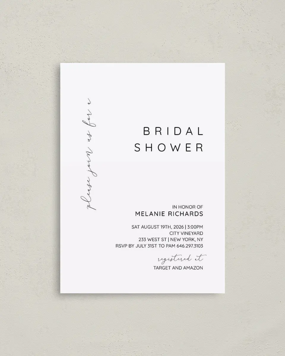 This is a 4" x 5.6" Bridal Shower Invitation Postcard called Simple Soiree printed in full color with Silver foil on Soft Touch Finish paper