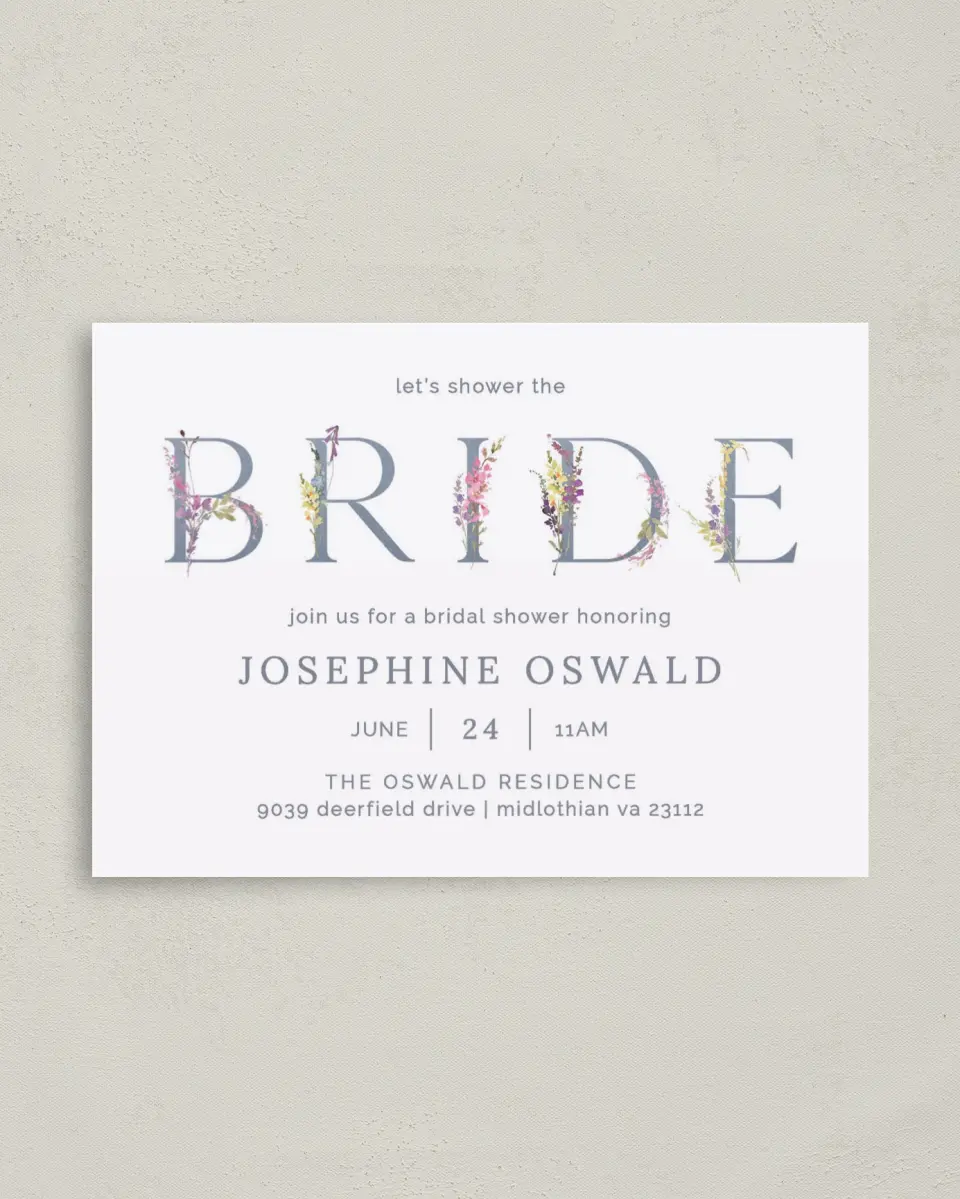 This is a 4" x 5.6" Bridal Shower Invitation Postcard called Bride Florals printed in full color on Soft Touch Finish paper