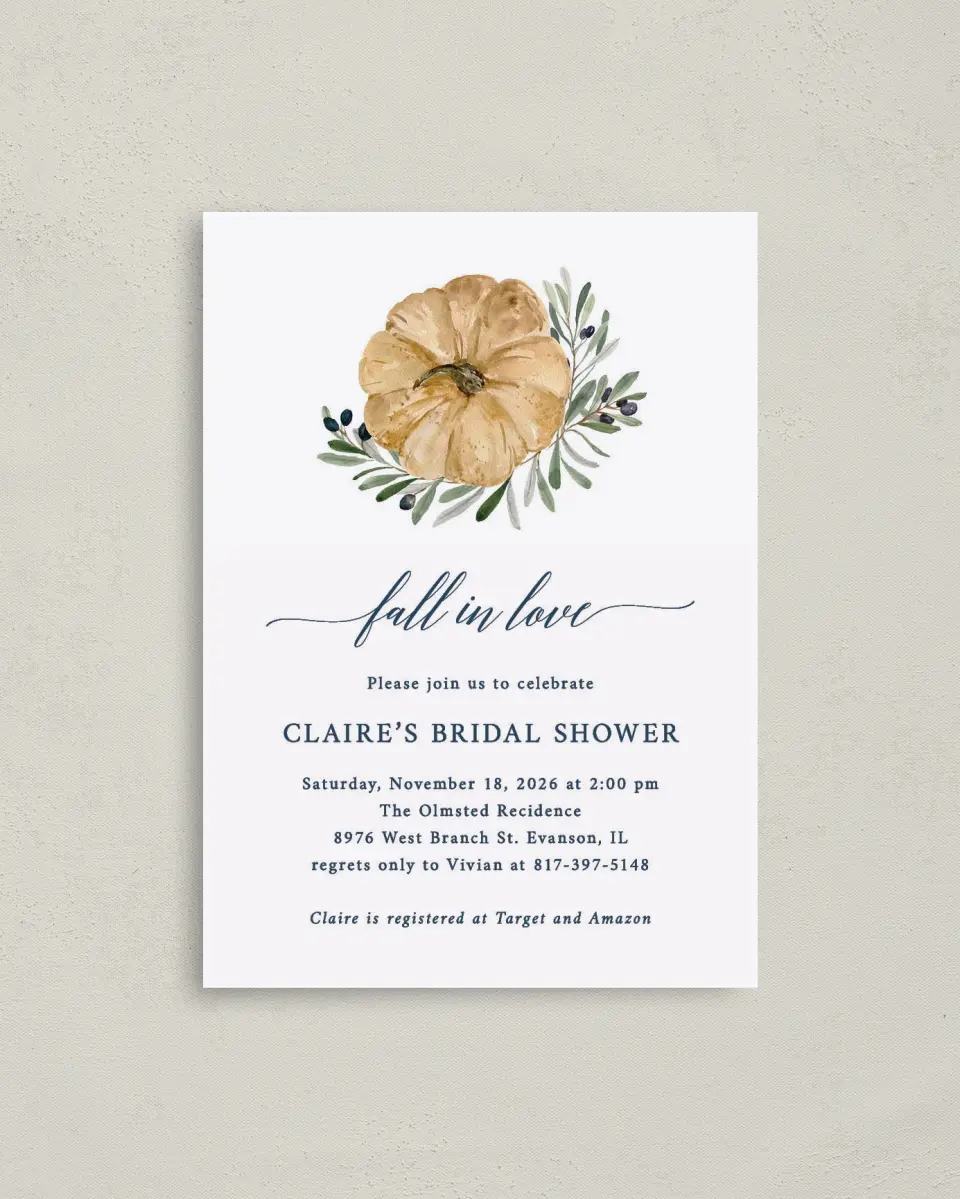 This is a 4" x 5.6" Bridal Shower Invitation Postcard called Fall Floral printed in full color with Silver foil on Soft Touch Finish paper