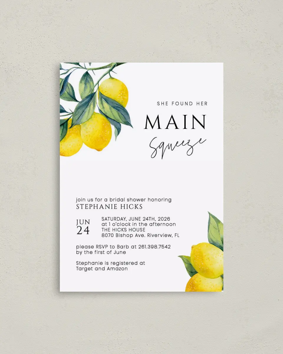 This is a 4" x 5.6" Bridal Shower Invitation Postcard called Main Squeeze printed in full color with Gold foil on Soft Touch Finish paper