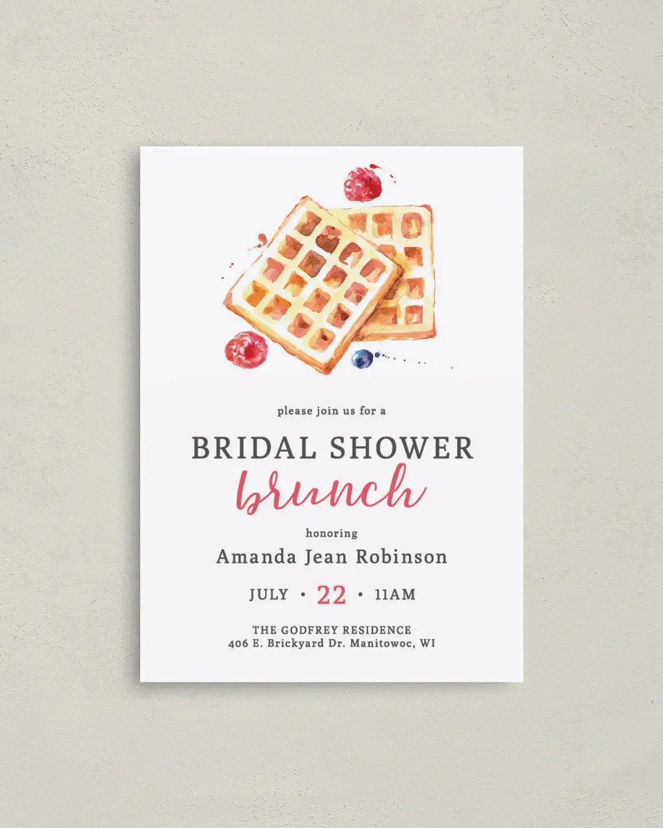 This is a 4" x 5.6" Bridal Shower Invitation Postcard called Bridal Brunch printed in full color with Gold foil on Soft Touch Finish paper