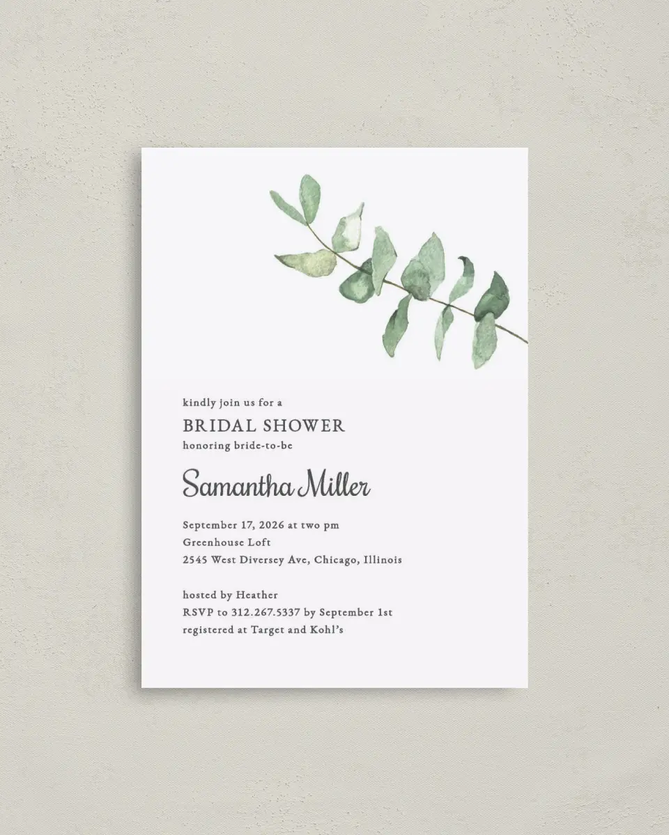 This is a 4" x 5.6" Bridal Shower Invitation Postcard called Shower Leaf printed in full color on Soft Touch Finish paper