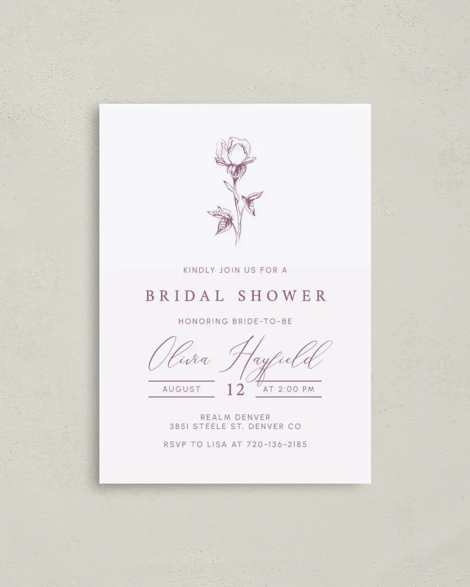 This is a 4" x 5.6" Bridal Shower Invitation Postcard called Softly Stated printed in full color on Soft Touch Finish paper