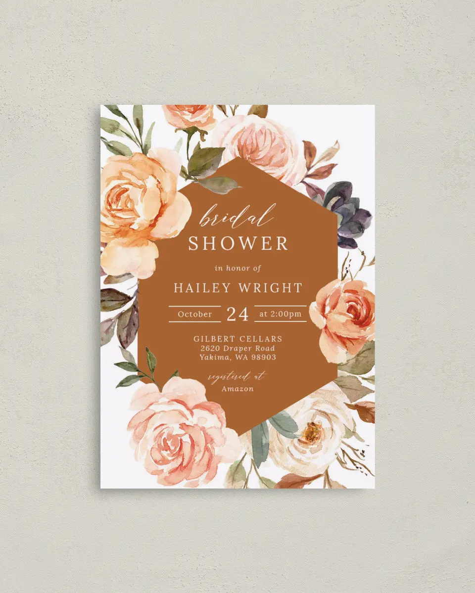 This is a 4" x 5.6" Bridal Shower Invitation Postcard called Floral Fantasy printed in full color on Soft Touch Finish paper