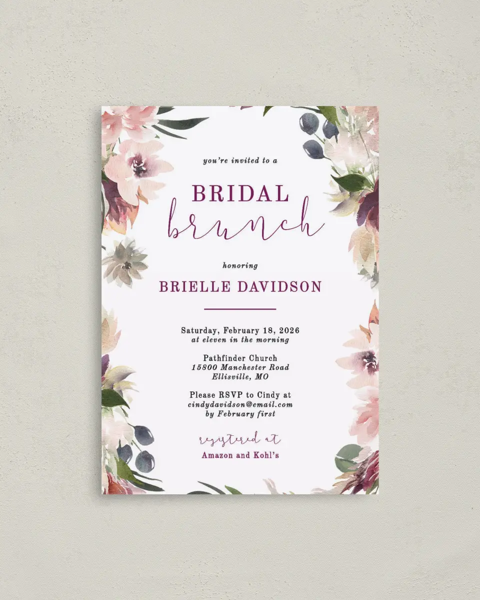 This is a 4" x 5.6" Bridal Shower Invitation Postcard called Floral Brunch printed in full color on Soft Touch Finish paper
