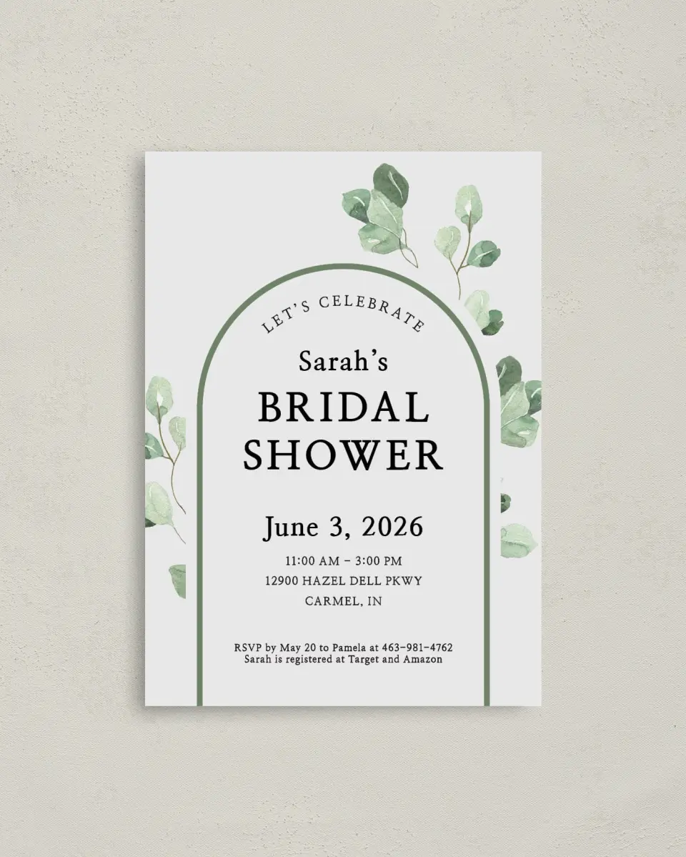 This is a 4" x 5.6" Bridal Shower Invitation Postcard called Mod Greenery printed in full color on Soft Touch Finish paper
