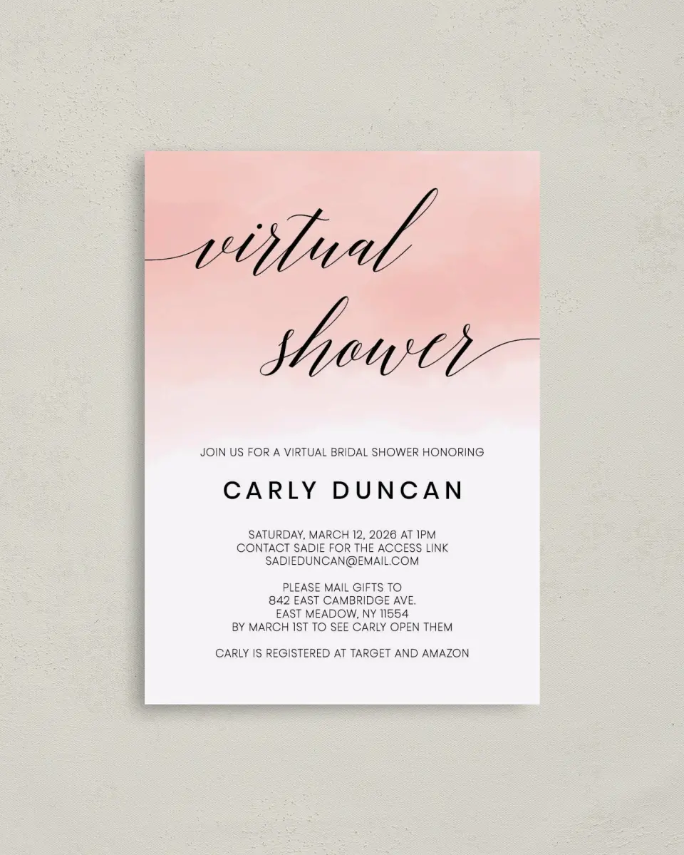 This is a 4" x 5.6" Bridal Shower Invitation Postcard called Virtual Celebration printed in full color with Gold foil on Soft Touch Finish paper