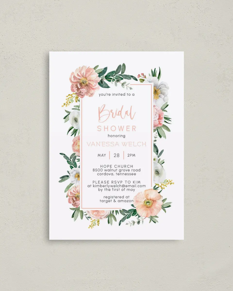 This is a 4" x 5.6" Bridal Shower Invitation Postcard called Pink Blossoms printed in full color on Soft Touch Finish paper