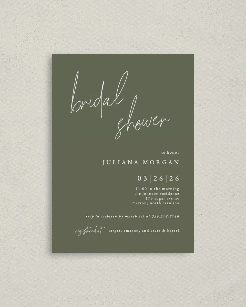 This is a 4" x 5.6" Bridal Shower Invitation Postcard called Modern Bride printed in full color with Gold foil on Soft Touch Finish paper