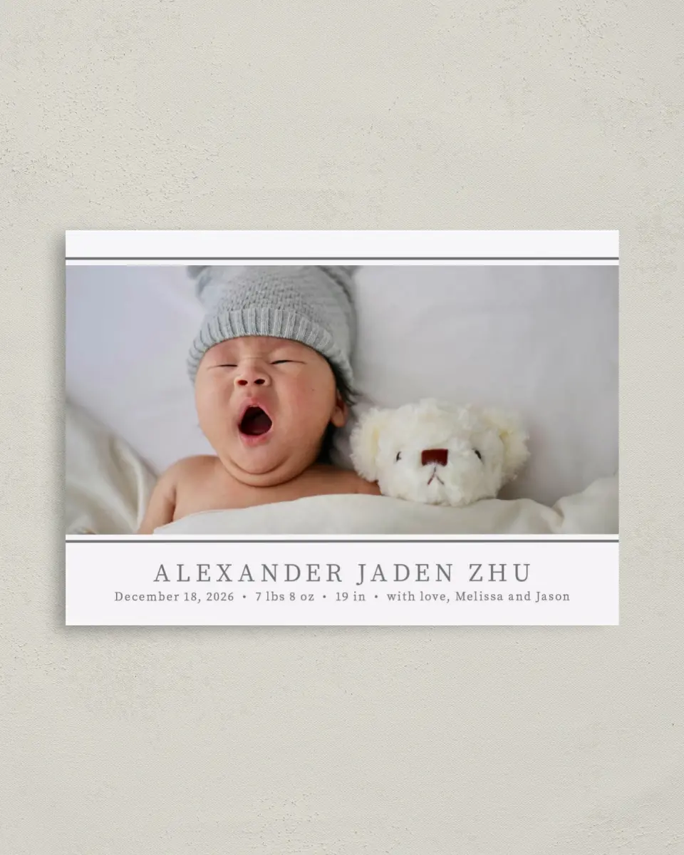 This is a 4" x 5.6" Birth Announcement Postcard called Fresh Debut printed in full color on Soft Touch Finish paper