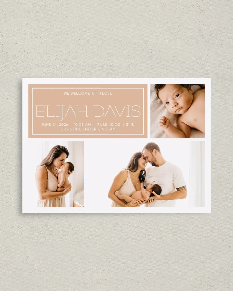 This is a 4" x 5.6" Birth Announcement Postcard called Warm Welcome printed in full color on Soft Touch Finish paper