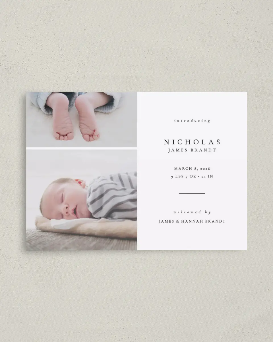 This is a 4" x 5.6" Birth Announcement Postcard called Our Newest Addition printed in full color on Soft Touch Finish paper