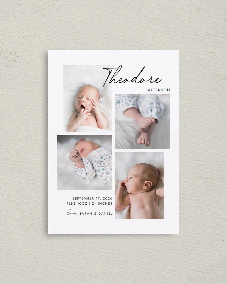 This is a 4" x 5.6" Birth Announcement Postcard called Precious Gallery printed in full color on Soft Touch Finish paper