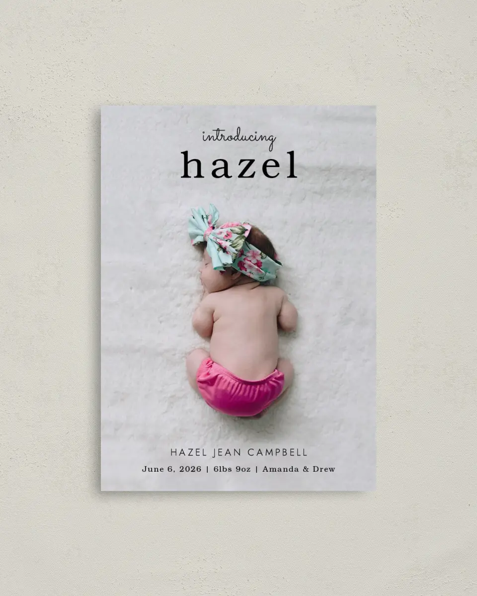 This is a 4" x 5.6" Birth Announcement Postcard called Special Name printed in full color on Soft Touch Finish paper
