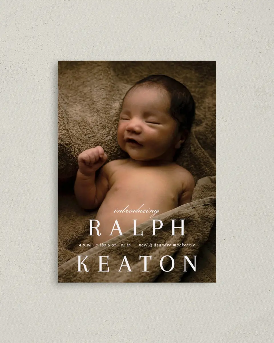 This is a 4" x 5.6" Birth Announcement Postcard called Proper Introduction printed in full color on Soft Touch Finish paper